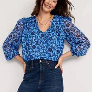 Old Navy Womens XL Blue Floral Poet Swing Bohemian Chiffon Top Shirt Blouse